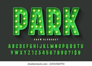 Retro cinema alphabet design, cabaret, LED lamps letters and numbers. Original design