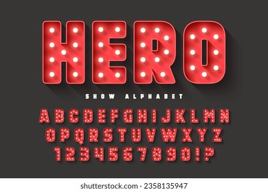 Retro cinema alphabet design, cabaret, LED lamps letters and numbers. Original design