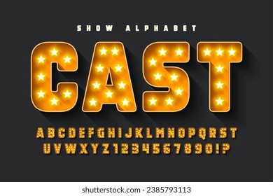 Retro cinema alphabet design, cabaret, LED lamps letters and numbers. Original design