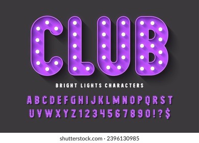 Retro cinema alphabet design, cabaret, warm lamps letters and numbers. Original design