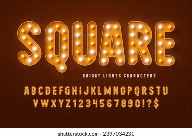 Retro cinema alphabet design, cabaret, warm lamps letters and numbers. Original design