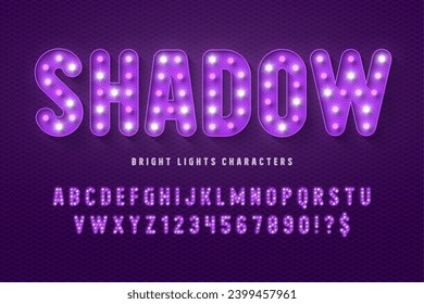 Retro cinema alphabet design, cabaret, warm lamps letters and numbers. Original design