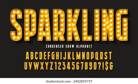 Retro cinema alphabet design, cabaret, stars shine letters and numbers. Original design