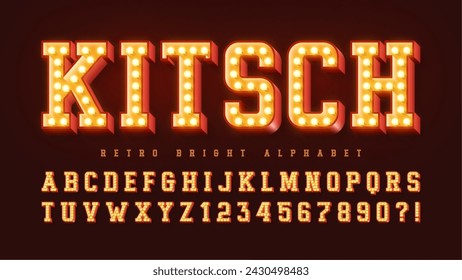 Retro cinema alphabet design, cabaret, warm lamps letters and numbers. Original design