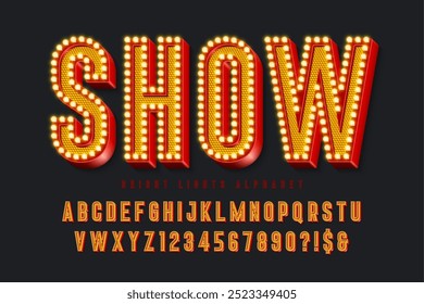 Retro cinema alphabet design, cabaret, fairy LED lamps letters and numbers. Original design