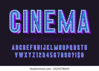 Retro cinema alphabet design, cabaret, fairy LED lamps letters and numbers. Original design