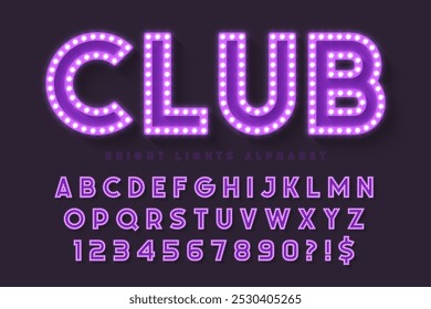 Retro cinema alphabet design, cabaret, fairy LED lamps letters and numbers. Original design