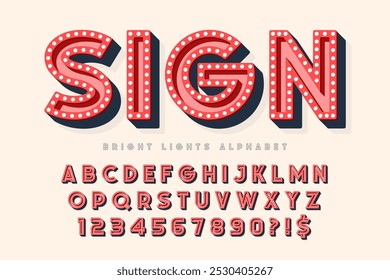 Retro cinema alphabet design, cabaret, fairy LED lamps letters and numbers. Original design