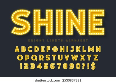 Retro cinema alphabet design, cabaret, fairy LED lamps letters and numbers. Original design