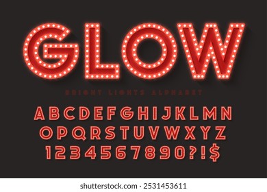 Retro cinema alphabet design, cabaret, fairy LED lamps letters and numbers. Original design