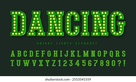 Retro cinema alphabet design, cabaret, warm lamps letters and numbers. Original design