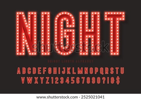 Retro cinema alphabet design, cabaret, fairy LED lamps letters and numbers. Original design