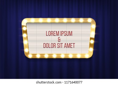 Retro cinema announcement board with bulb frame on blue curtains background. Vector design element