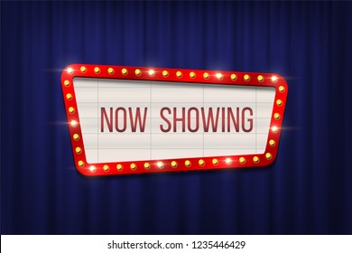 Retro cinema announcement board with bulb frame on blue curtains background. Vector design element