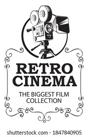 Retro cinema banner with old movie camera in vintage style. Retro cinema, the biggest film collection. Suitable for vector poster, banner, web page, flyer, invitation, sticker, design element