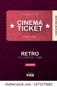 Retro Cinema banner with tickets. Hand draw doodle background