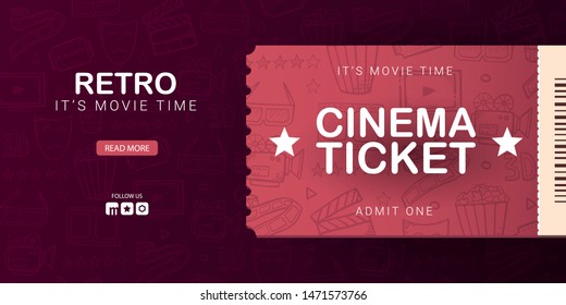 Retro Cinema banner with tickets. Hand draw doodle background