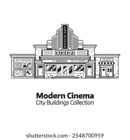 Retro cinema building facade isolated on white background. Movie theater exterior line art illustration. City culture and entertainment landmark in geometric design.