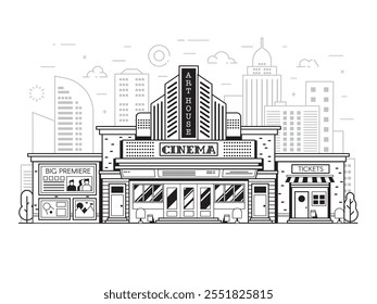 Fachada de construção de cinema retrô sobre o fundo da cidade moderna. Ilustração da arte da linha exterior do cinema. A cultura da cidade e entretenimento marco no horizonte do centro da cidade em design geométrico.