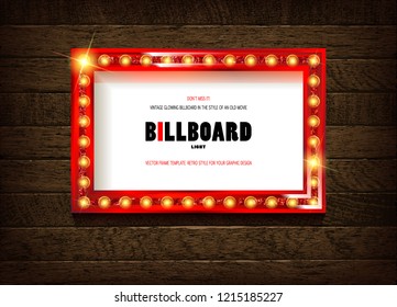 Retro cinema bulb sign shape - vintage old theater casino or circus illuminated light frame banner. On wooden background. Vector illustration