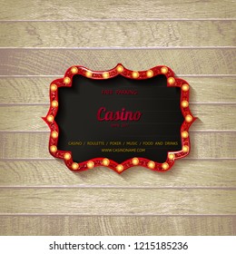 Retro cinema bulb sign shape - vintage old theater casino or circus illuminated light frame banner. On wooden background. Vector illustration