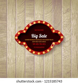 Retro cinema bulb sign shape - vintage old theater casino or circus illuminated light frame banner. On wooden background. Vector illustration