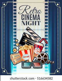 Retro cinema club night invitation poster  with movie theater tickets 3d glasses and popcorn snack vector illustration 