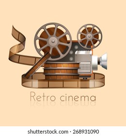 Retro cinema concept with realistic vintage camera projector and film reel vector illustration