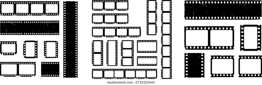 Marcos de película de cine retro con textura afligida y diapositivas en blanco.