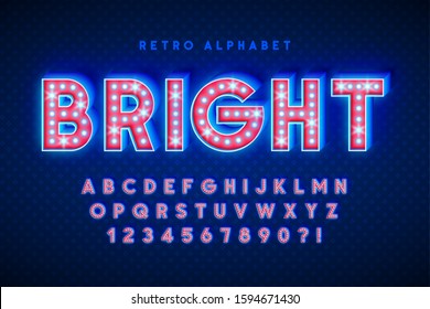 Retro cinema font design, cabaret, LED lamps letters and numbers. Swatches color control svg