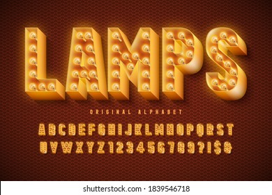 Retro cinema font design, cabaret, lamps letters and numbers. Swatches color control