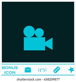 Retro cinema icon flat. Blue pictogram on dark background. Vector illustration symbol and bonus icons