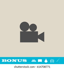 Retro cinema icon flat. Grey pictogram on light background. Vector illustration symbol and bonus button real estate, ottoman, vase, tv, fishing rod