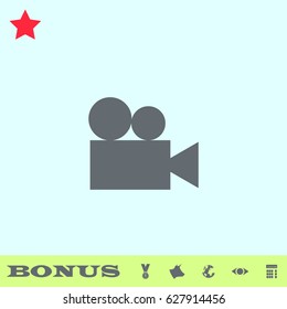 Retro cinema icon flat. Grey pictogram on blue background. Vector illustration symbol and bonus buttons medal, cow, earth, eye, calculator