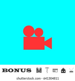 Retro cinema icon flat. Red pictogram on blue background. Vector illustration symbol and bonus buttons Music center, corkscrew, credit card, house, drum