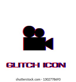 Retro cinema icon flat. Simple pictogram - Glitch effect. Vector illustration symbol