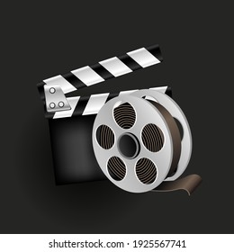 Retro cinema icon on black background. Clapperboard and filmstrip reel with shadow on dark backdrop. Cinematography sign symbol
