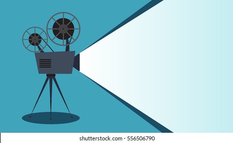 Retro cinema icon on blue background, vector illustration with copy space