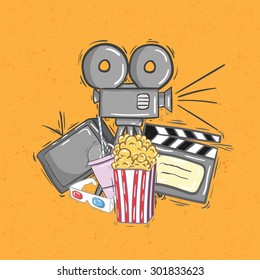 Retro cinema icon on orange background