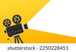 Retro cinema icon with text place. Cinematography festival. Movie time. Video icon. Film making industry. Cinematography and filmmaking equipment. Film design element. Movie tape. Vector illustration