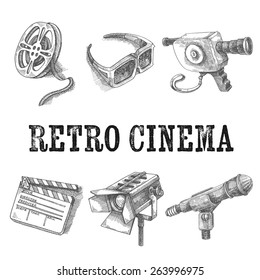 Retro cinema icons, vector hand drawn