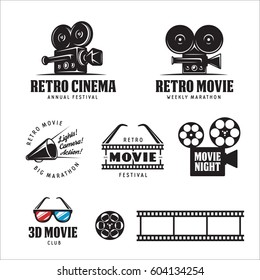 Retro cinema labels badges emblems and design elements set. 3d movie sign. Vector vintage illustration.
