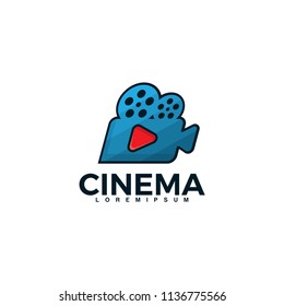 Retro Cinema logo illustration template with red play button icon.