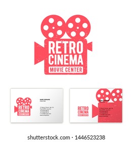 Retro cinema logo. Movie Center or production in vintage style. Symbol of camera with letters. Scratches, shabby style.