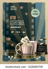 Retro cinema marathon week vertical poster with bucket of popcorn and tickets realistic vector illustration