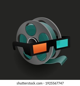 Retro cinema movie icon on black background. Filmstrip reel and 3D glasses with shadow on dark backdrop. Cinematography sign symbol