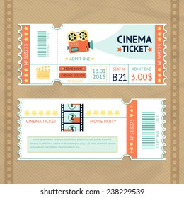 Retro Cinema Movie Party Paper Ticket Set Isolated Vector Illustration