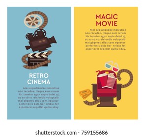 Retro cinema movie theater vector flat poster of popcorn and film video camera