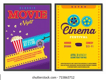 Retro Cinema Poster Vintage 70s 80s 90s Style Flat Elements Set Collection with Bright Background and Popcorn Ideal for Advertisement, Web, Flyer, Card