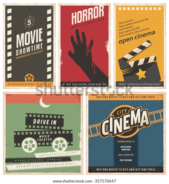 Retro cinema posters and flyers collection.
Vintage movie signs layouts. Promotional film printing templates
for ads or banners on old paper texture.
